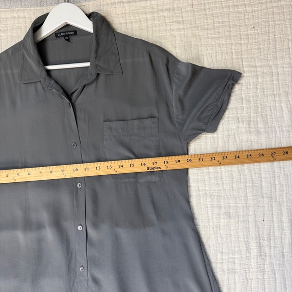 Eileen Fisher Silk Dress  Gray Short Sleeve Button Down Hi-Lo Hem Size XS Casual - Picture 4 of 6
